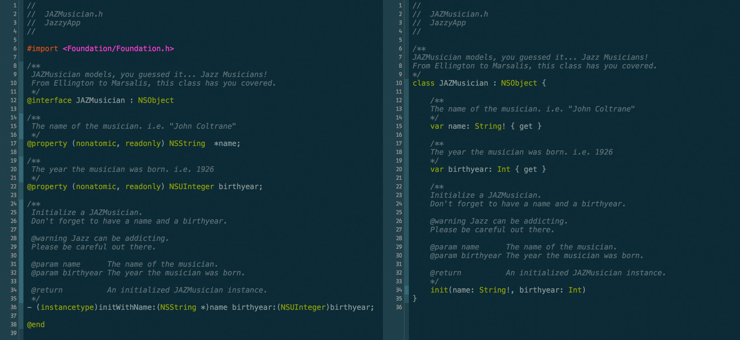 左:原始 Obj-C 头文件,右:SourceKit 生成的类 Swift 版本