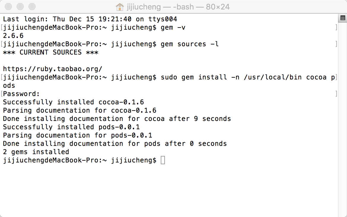 指令：$ sudo gem install -n /usr/local/bin cocoa pods 测试结果.png