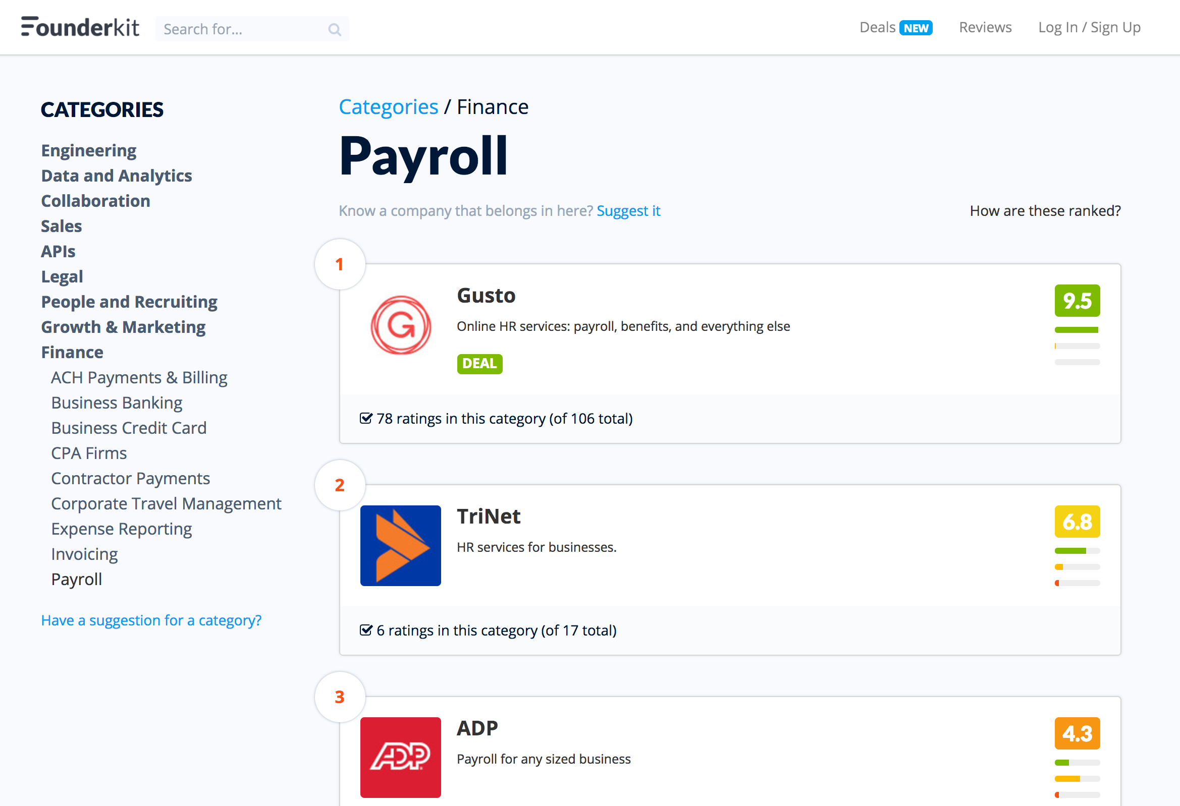 Founder kit categories: finance, screenshot