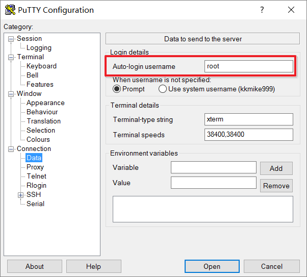 Putty - Connection - Data