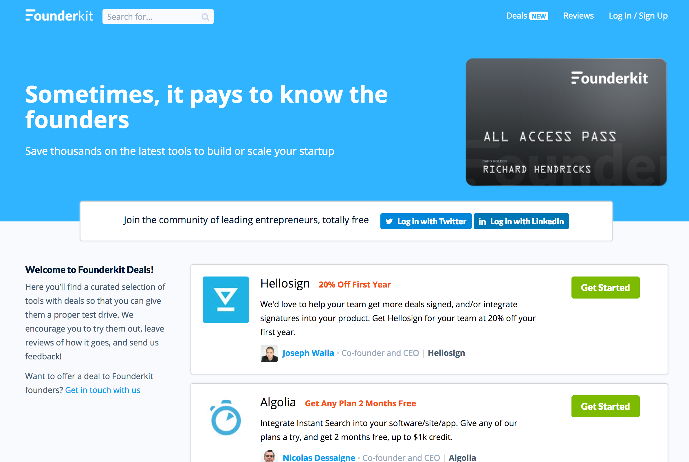 Founderkit Deals page screenshot